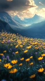 Sunlit wildflower choir beneath storm-kissed alpine peaks.