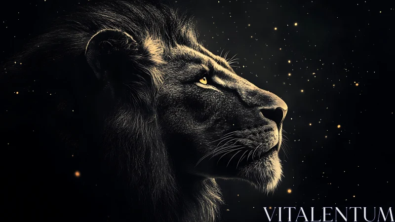 Majestic black lion profile glows against starry void sky