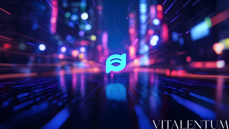 Futuristic Chat Icon in Neon Cityscape, Digital Art Style.