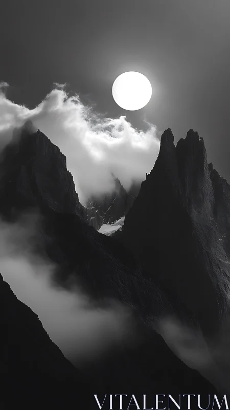 Monochrome lunar halo over serrated alpine ridgeline.