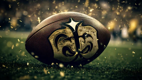 Close-up gridiron football with ornate gold crest on turf