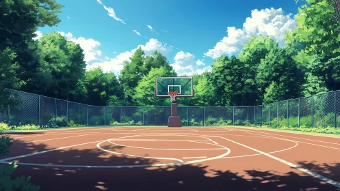 Sunlit park basketball court waits quietly under blue skies