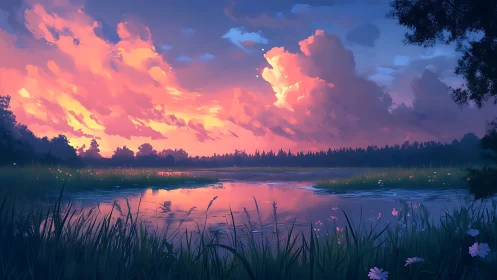 Sunset clouds reflect over calm lake bordered by grasses