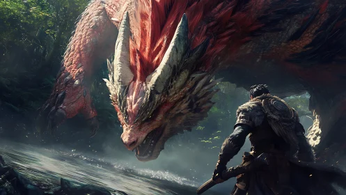 Hunter confronts massive crimson dragon in jungle stream.