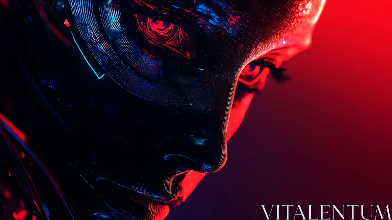 Close-up cybernetic face in red and blue neon light.