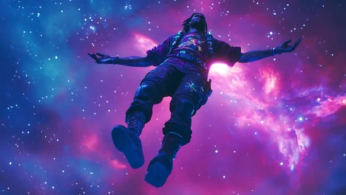 Cosmic drifter suspended in neon-lit interstellar void.