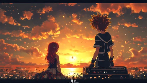 Backlit anime silhouettes study nuanced sunset volumetric sky