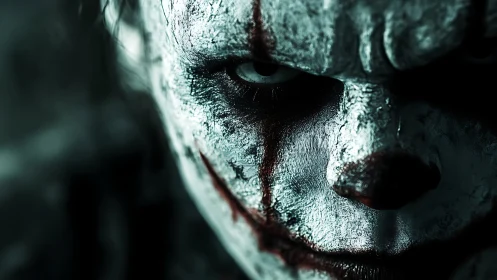 Sinister clown close-up under harsh cinematic lighting.