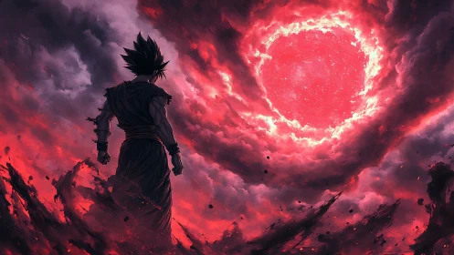 Storm-crowned warrior strides toward the devouring red star