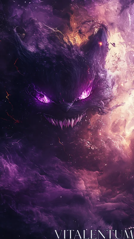 Demonic nebula feline emerges with luminous amethyst gaze