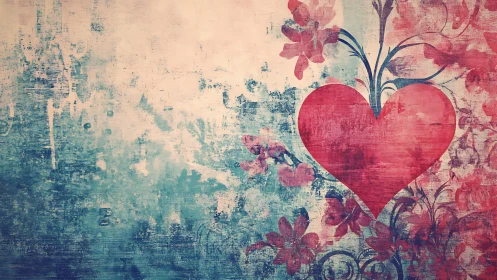 Distressed Heart with Floral Elements on Weathered Surface.
