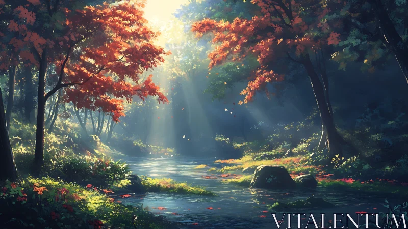 Autumn forest with stream and golden light rays through canopy