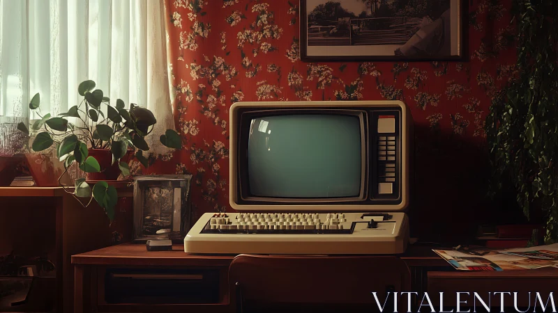 Retro computer shrine in sunlit floral wallpaper study.
