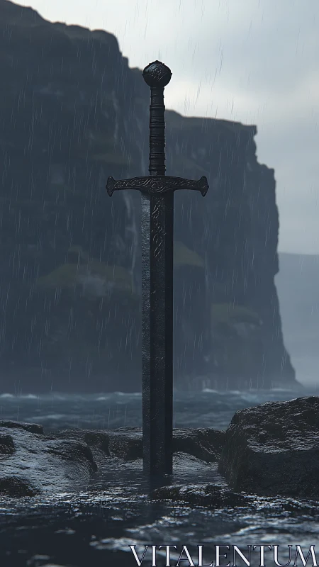Weathered sword standing in stormy coastal tidepool.