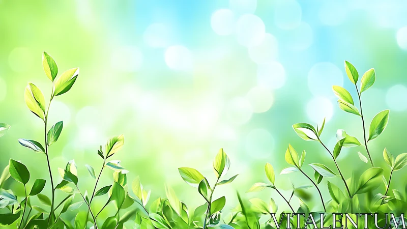 Green leaf stems against soft abstract bokeh background.