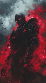 Armored dark figure stands in swirling red smoke and fire