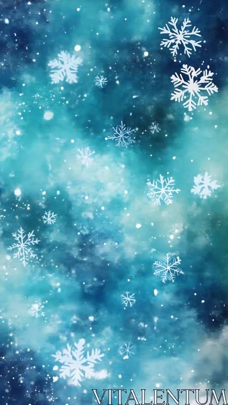 Digital snowflake field on teal and navy winter gradient sky