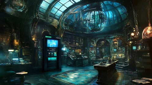 Neon Cathedral: Futuristic Command Center Bathed in Luminescent Depths.