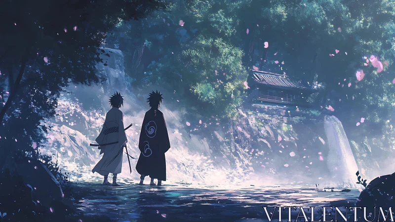 Two cloaked figures by waterfall under cherry blossoms.