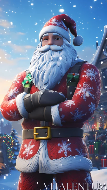 Stylized 3D Santa Claus avatar in snowy holiday environment