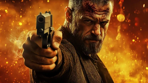 Tense action hero holds his aim against blazing chaos