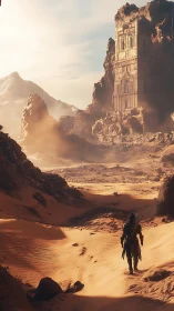 Solitary desert explorer approaches eroded monolithic cliff temple