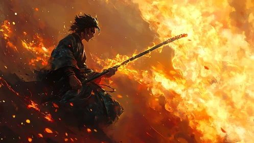 Samurai warrior kneels amid volumetric flames with ember-lit katana