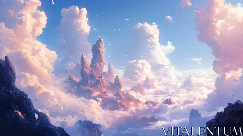 Celestial cloud spires over luminous fantasy mountain range.