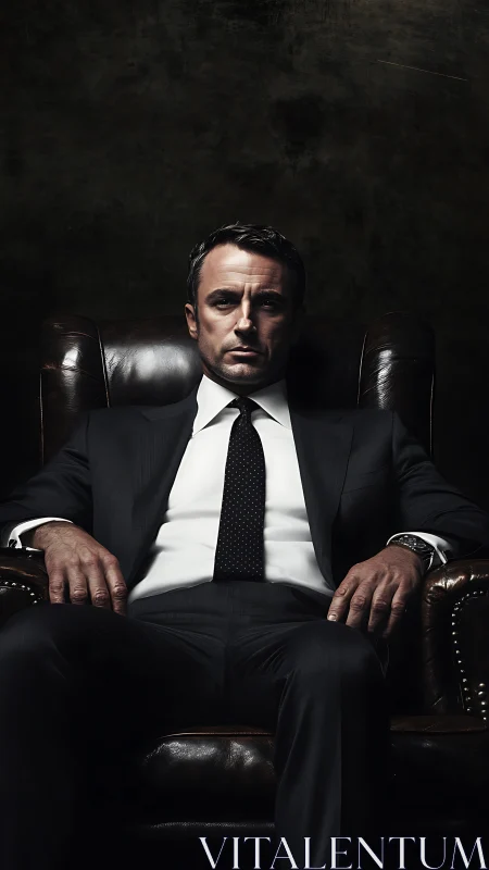 Confident businessman in dark suit seated in leather chair.