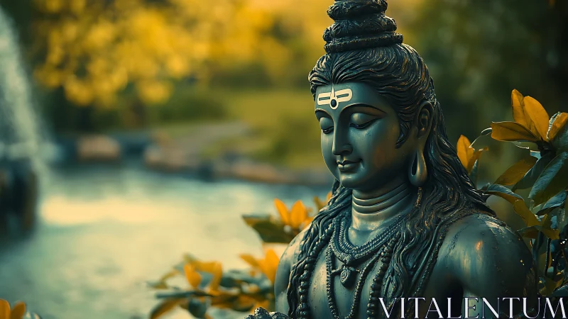 Serene Shiva sculpture in shallow-depth riverside bokeh field.