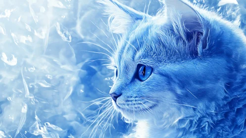 Blue-toned feline portrait with crystalline ice effects and luminous eye detail