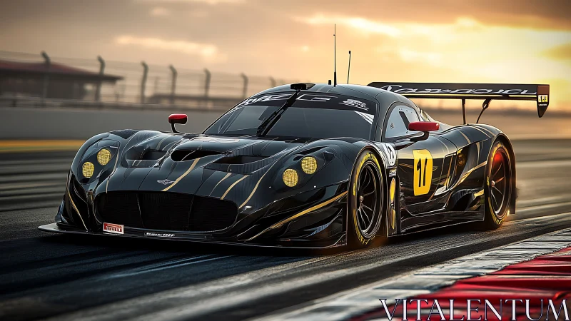 Sunlit black GT race car powering through track corner.
