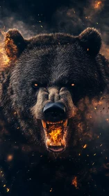 Infernal roar of a raging bear amid swirling embers.
