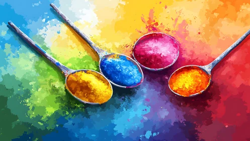 Colorful spoons holding powdered pigments on bright background.
