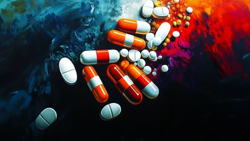 Scattered capsules contrast with abstract dark and fiery backdrop