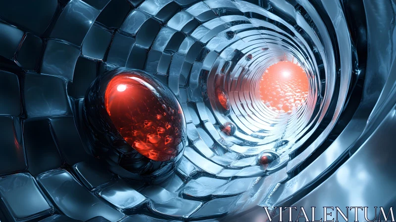 Futuristic metallic tunnel with glowing red orbs, digital art style.