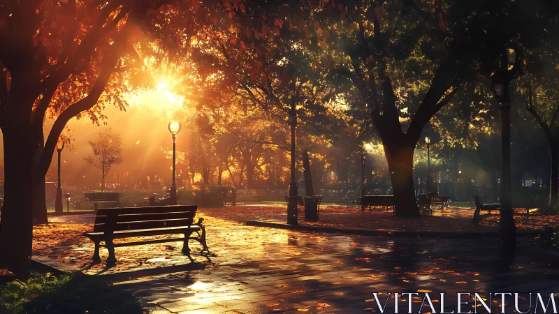 Sunlit autumn park benches under glowing golden canopy.