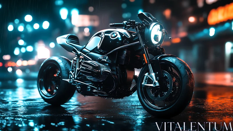 Midnight café racer glows against a rainy neon city street