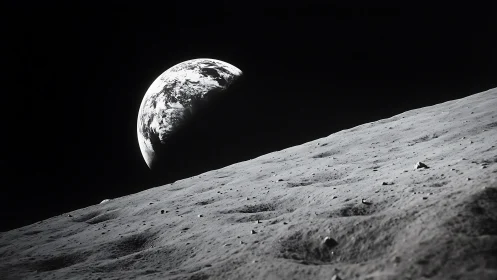 Earth rising above lunar horizon in stark black space.