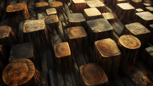 Cut wooden blocks in dense grid under directional light.