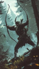 Forest archer silhouette in dynamic vertical composition.
