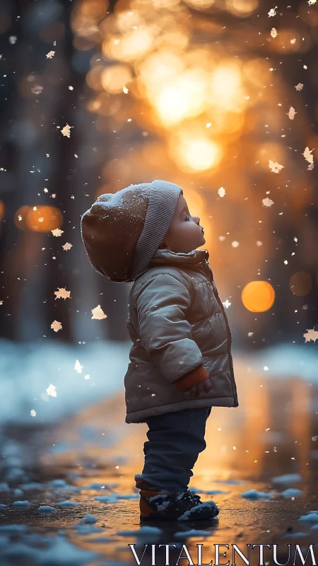Toddler in winter coat under softly lit golden snowfall