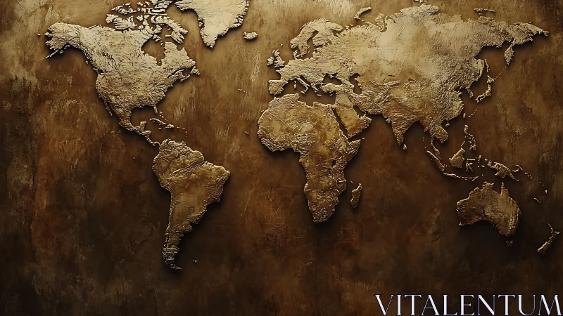 Textured gold world map relief on rustic brown wall.