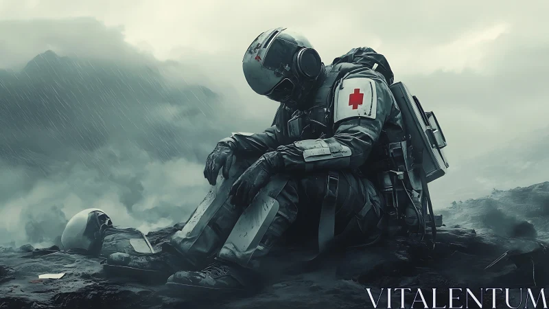 Futuristic combat medic in rain-soaked exoplanet battlefield scene.