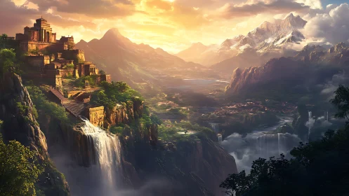 Terraced cliff citadel above cascading waterfalls at dawn