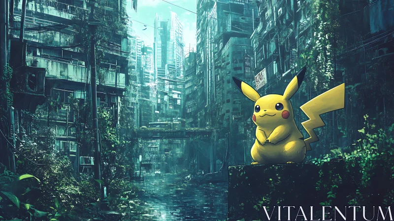 Pikachu in overgrown post-apocalyptic neo-urban ruinscape