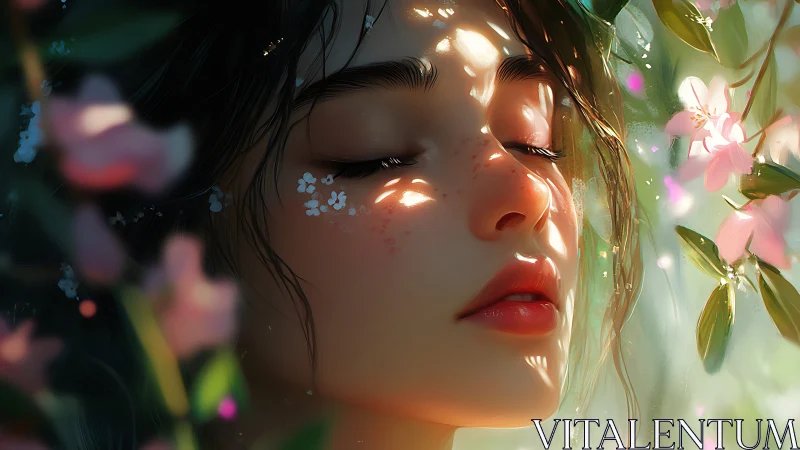 Sunlit girl with closed eyes breathes among soft spring blossoms