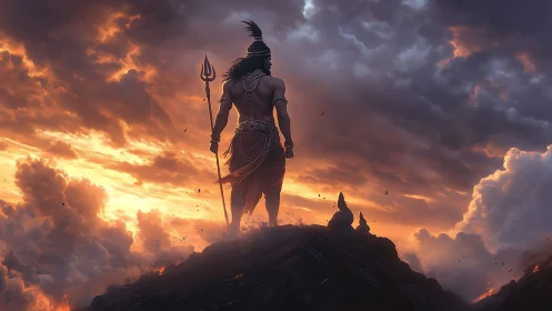 Warrior figure stands on rocky peak against burning sky