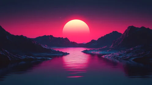 Neon magenta horizon over low-poly mountains and tidal inlet