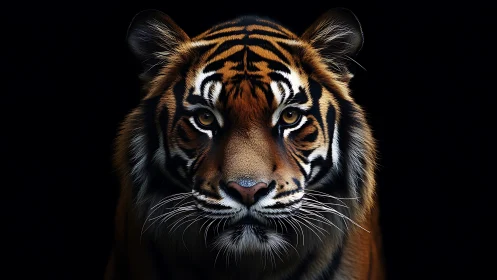 Tiger portrait on black background with intense gaze.